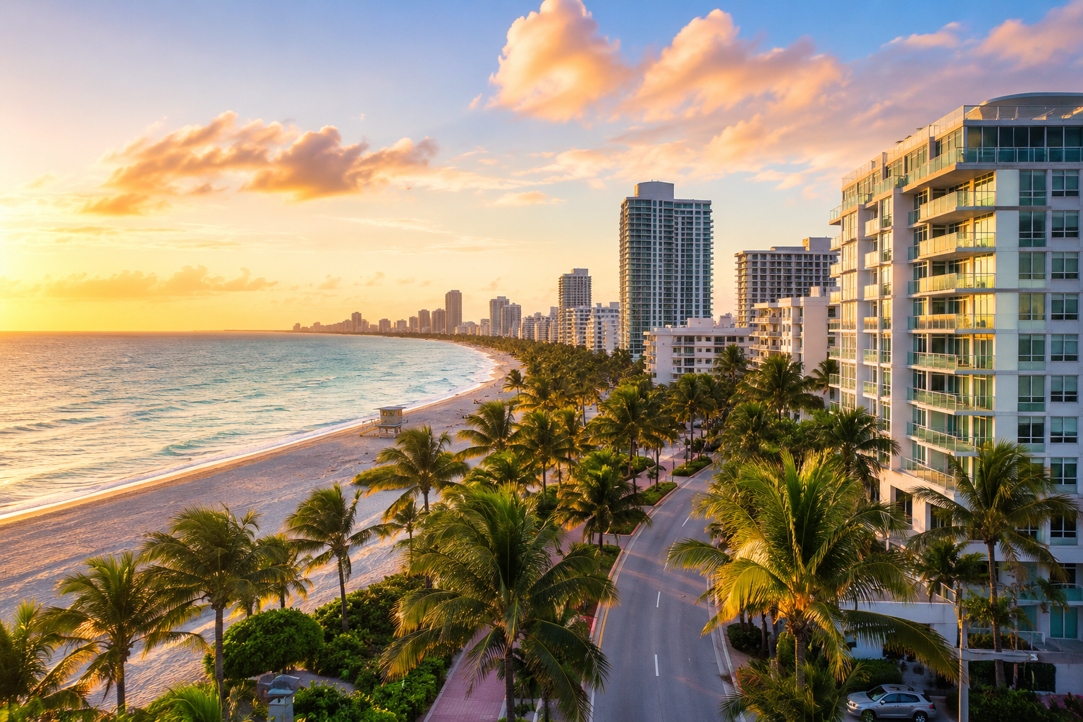 Miami beachfront skyline during summer with palm trees and ocean view at sunset