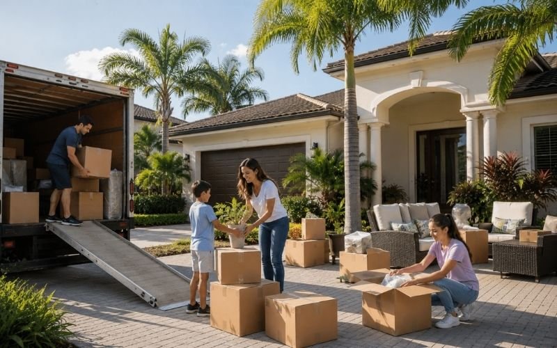 family moving boxes outside suburban home in South Kendall Miami