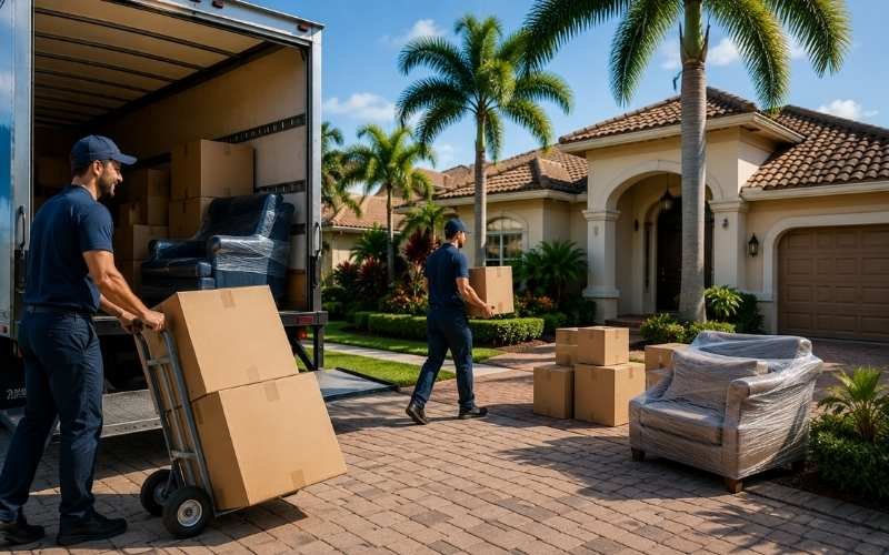 movers in Kendall FL unloading boxes outside house during local move