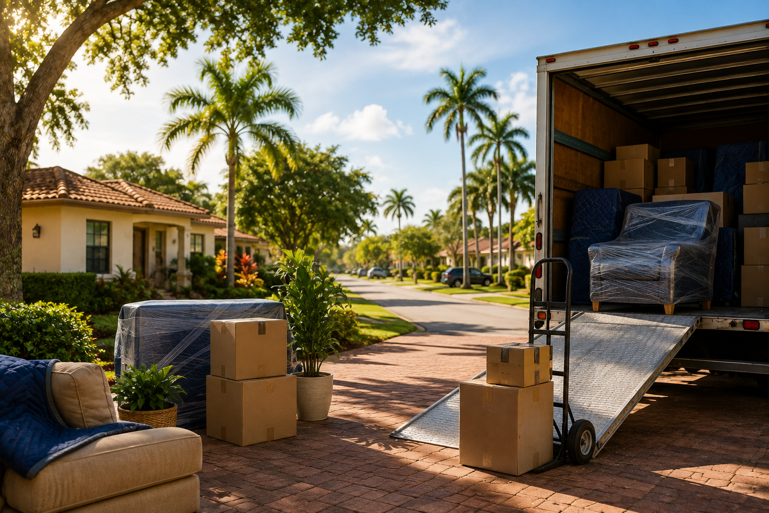 Movers loading wrapped furniture and boxes onto a moving truck outside a home in Tamiami, FL