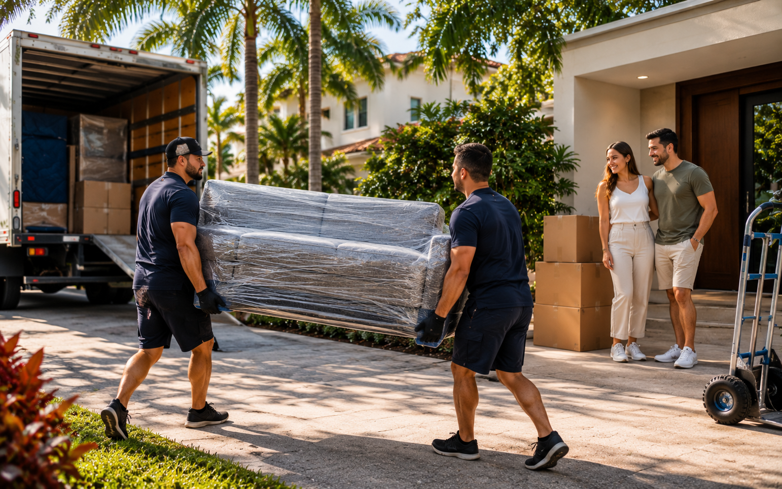 Professional movers carrying wrapped furniture into a home in South Miami, Florida