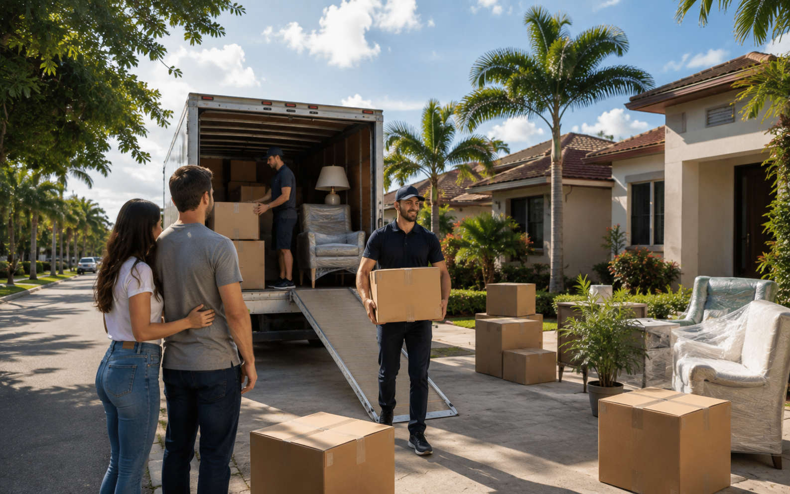 Professional movers helping a couple move into a home in Sweetwater FL