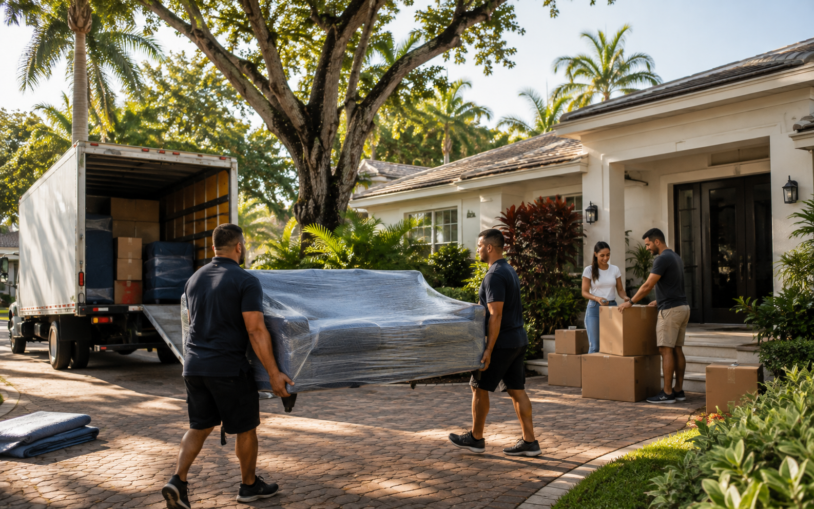 Movers in Palmetto Bay FL carrying wrapped furniture into a family home