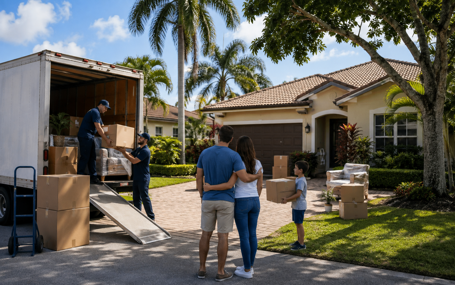 Family moving into a home in Kendale Lakes, FL with professional movers unloading boxes