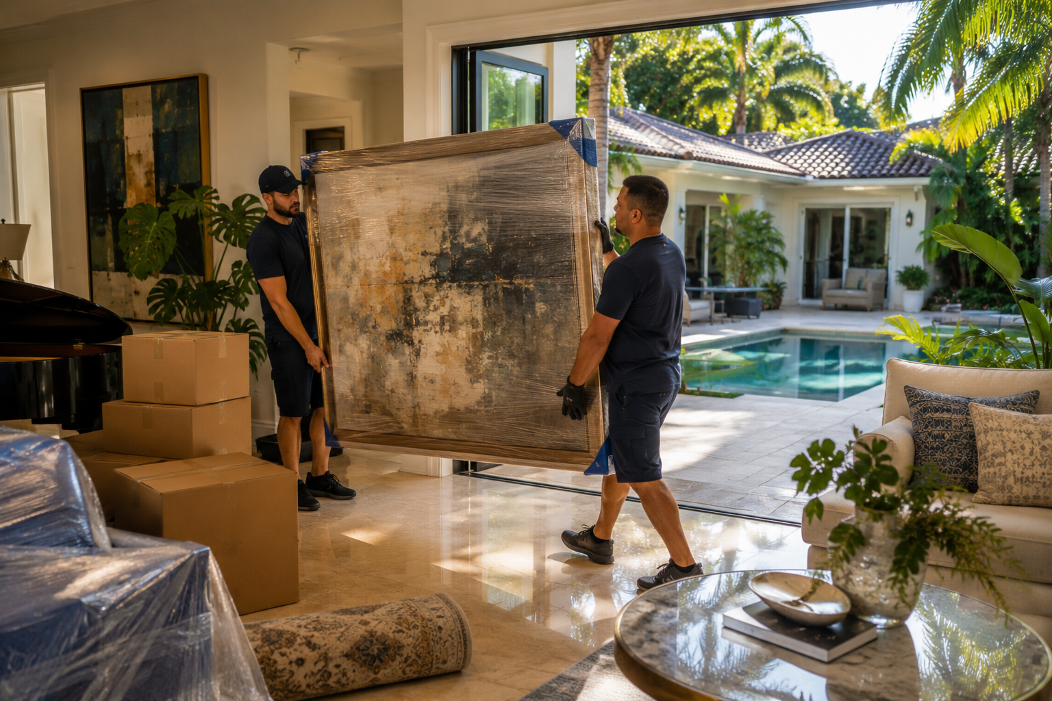 Professional movers handling valuable artwork during a move in Pinecrest, FL