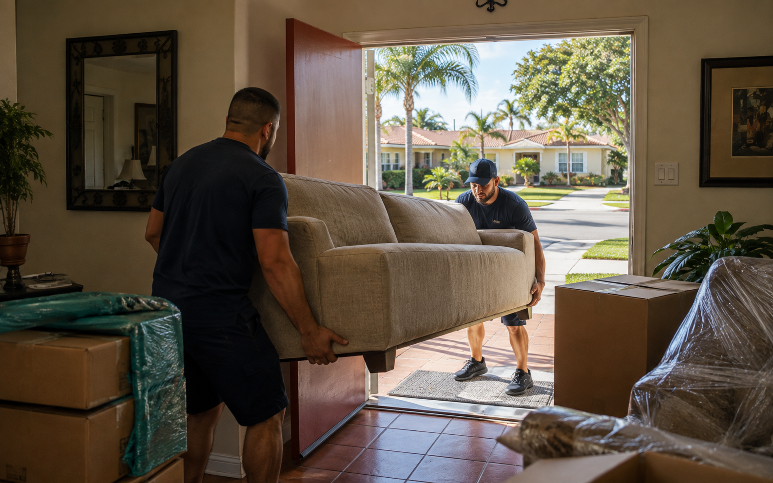 Professional movers carrying a sofa into an older home in Westchester, FL