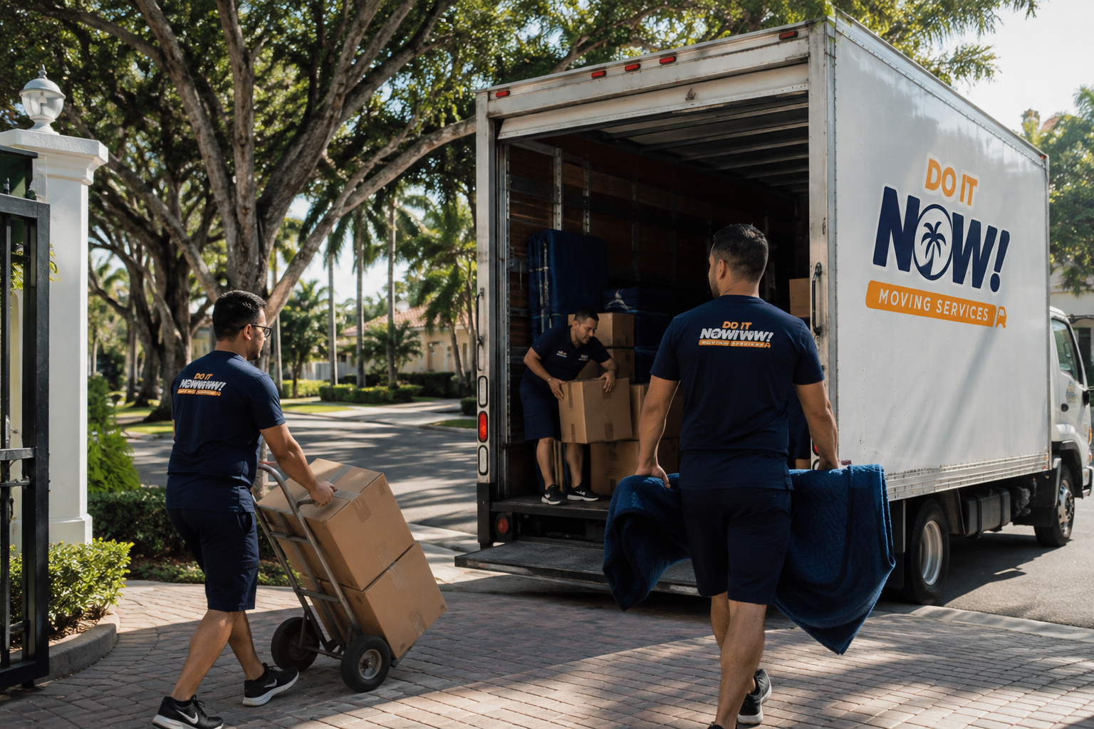 Professional movers loading boxes into a moving truck in Coral Gables, Florida