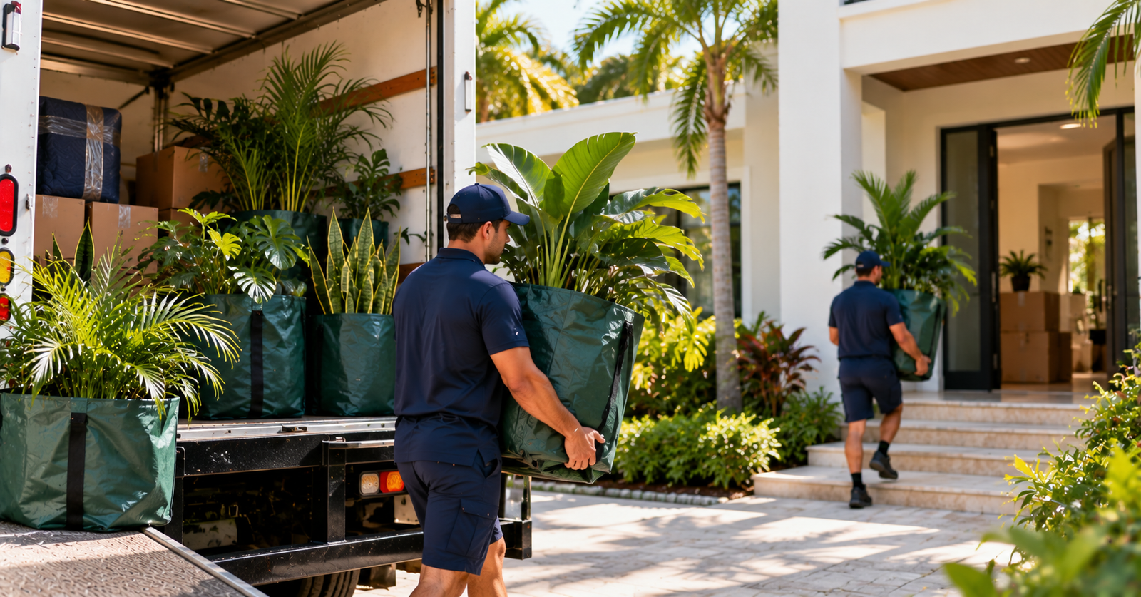 Professional movers carefully transporting houseplants during a residential move in South Miami-Dade.