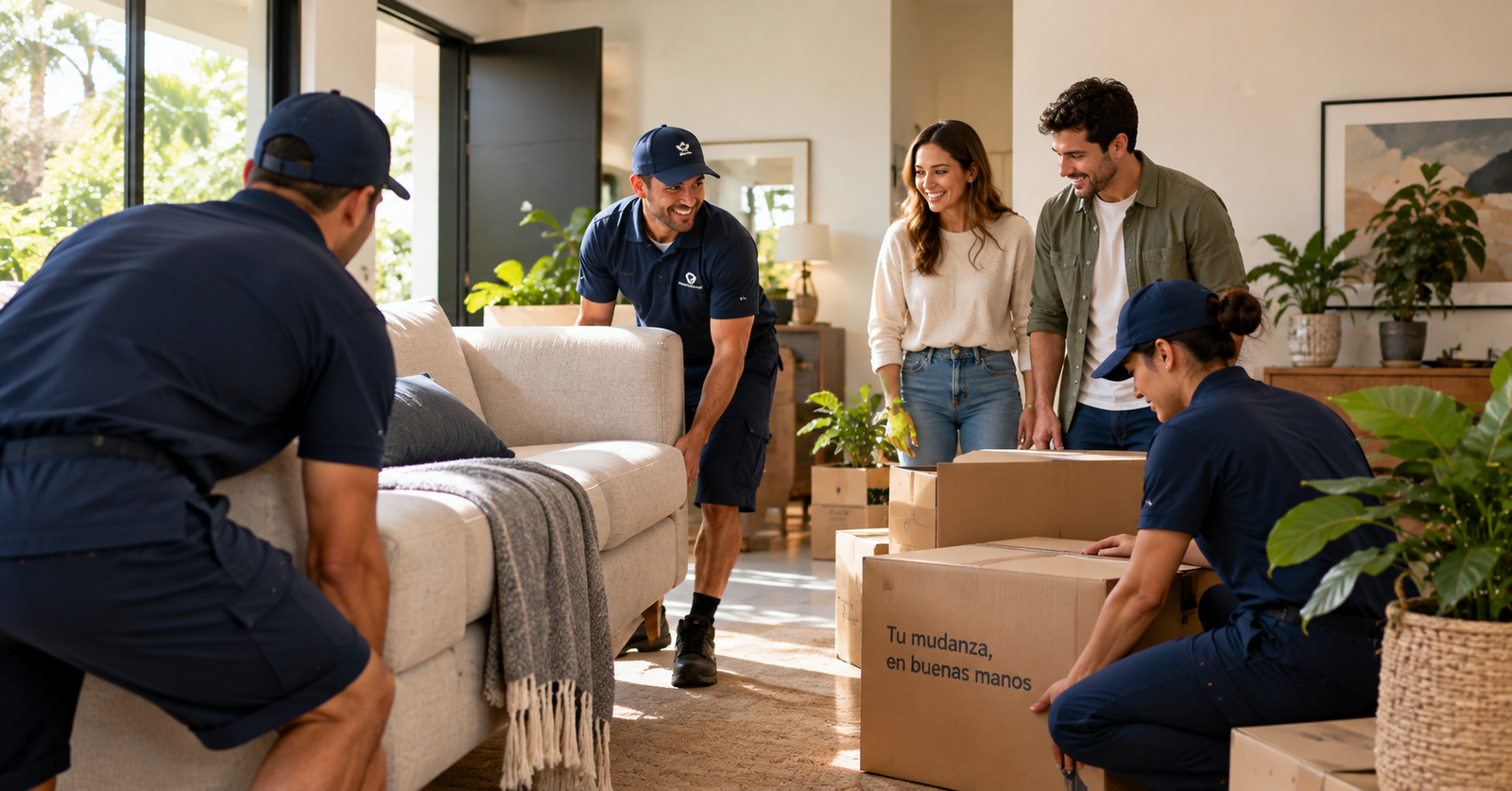 Professional movers helping a family arrange furniture, boxes, and houseplants inside their new Kendall home.