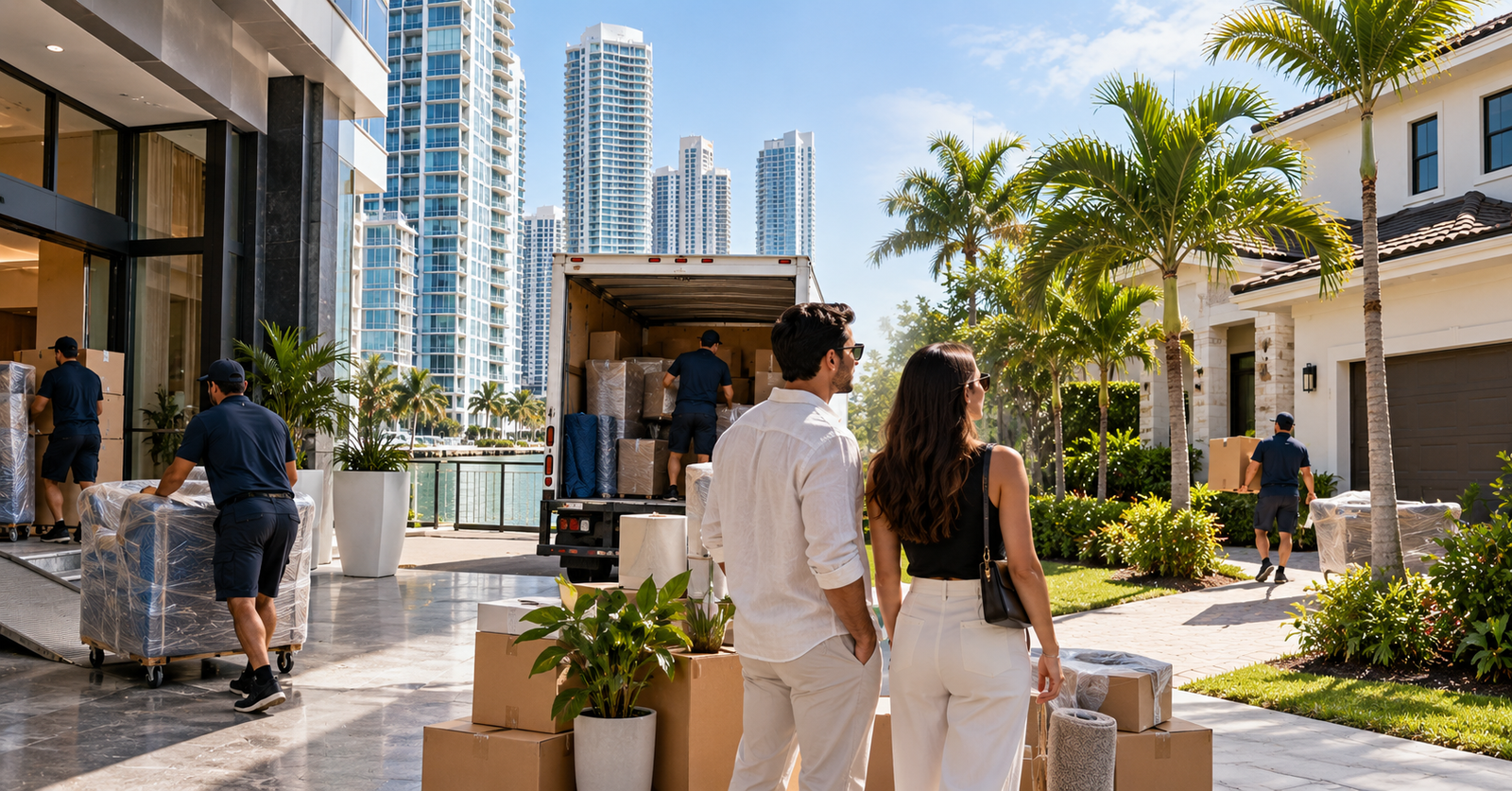 Young professional couple moving from a Brickell condo to a spacious home in Doral, Miami.