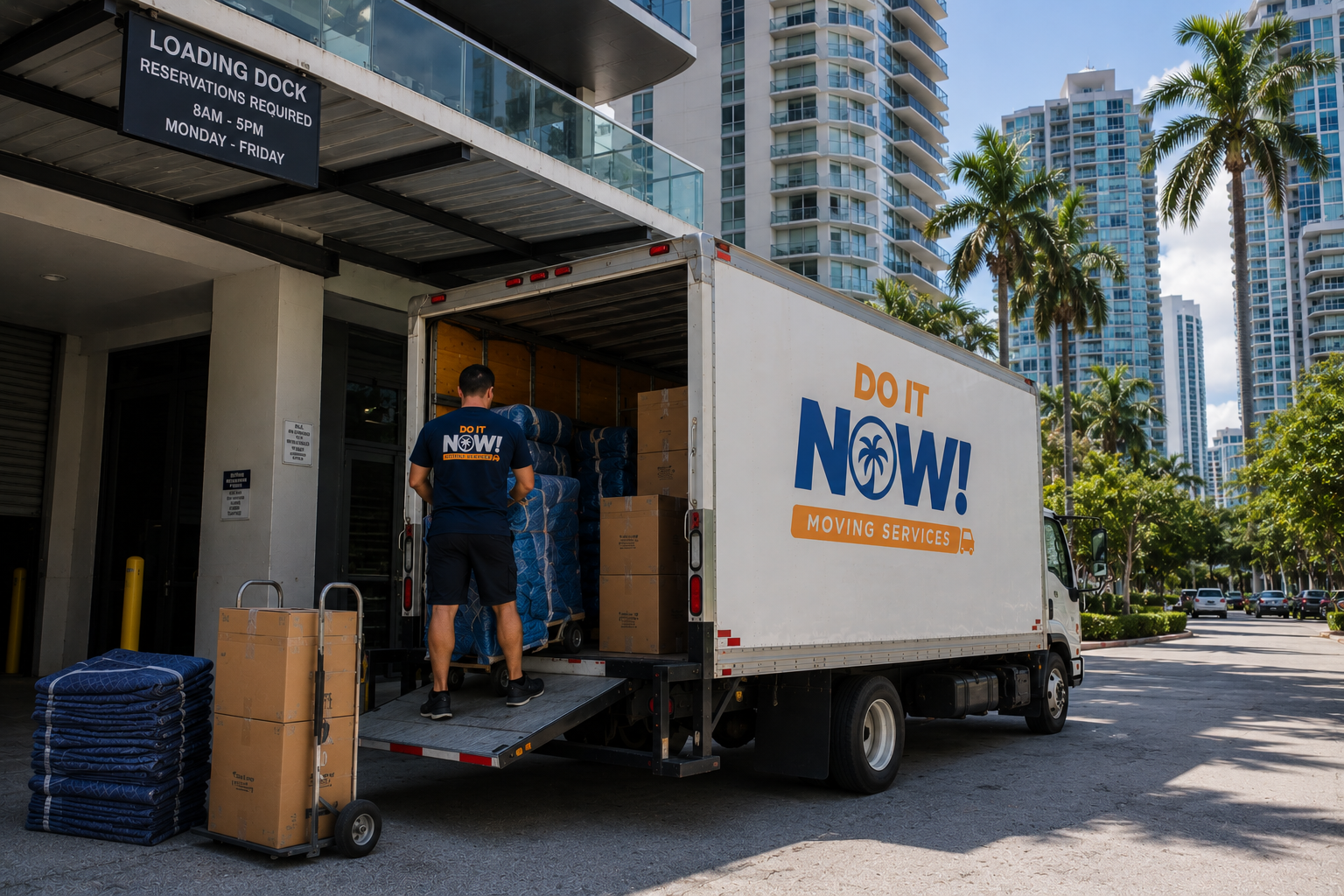 Do It Now Moving Services truck at a Downtown Miami high-rise loading dock for a move to Coral Gables
