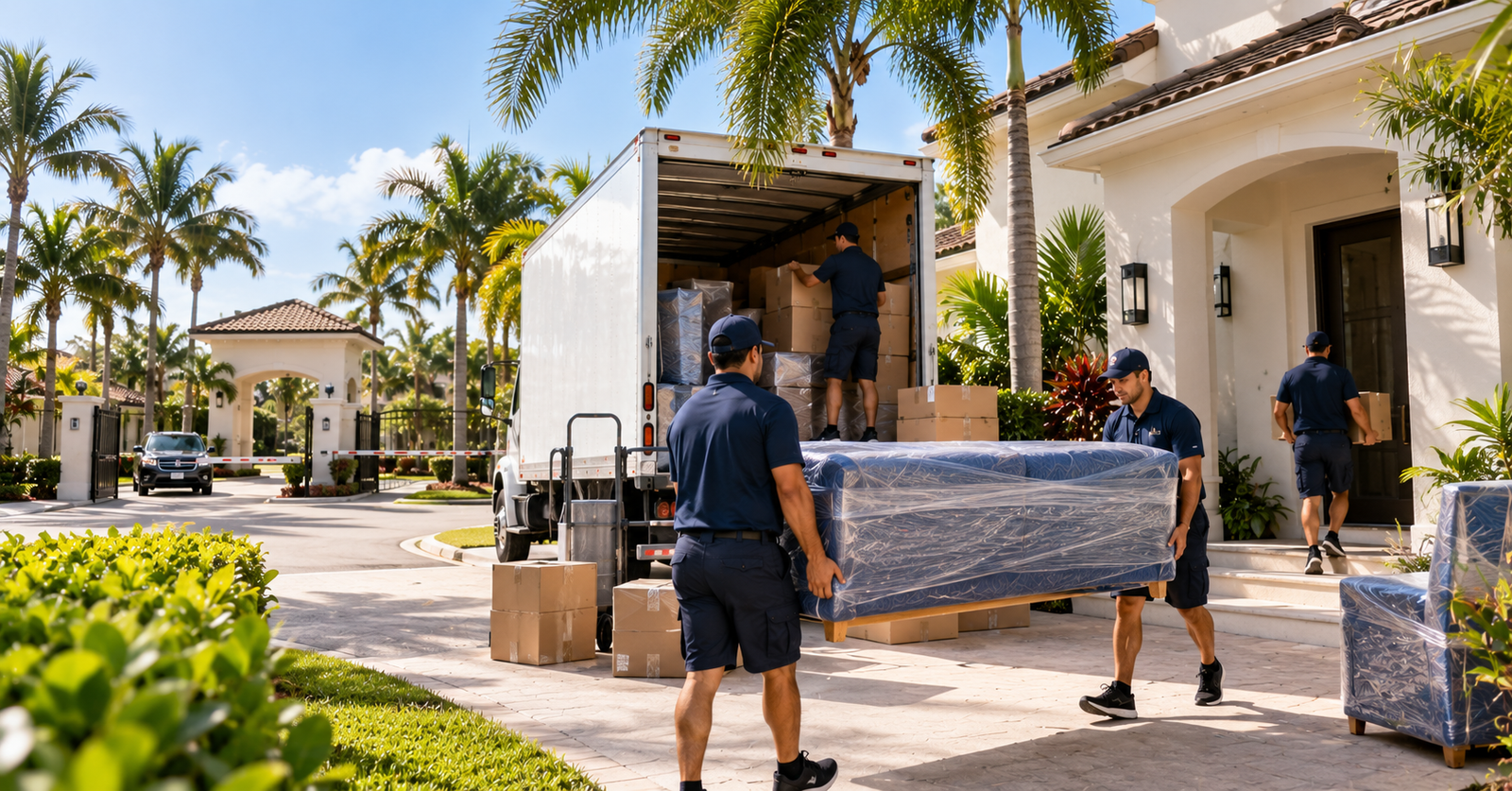 Professional movers unloading furniture at a home in a gated community in Kendall, Florida.