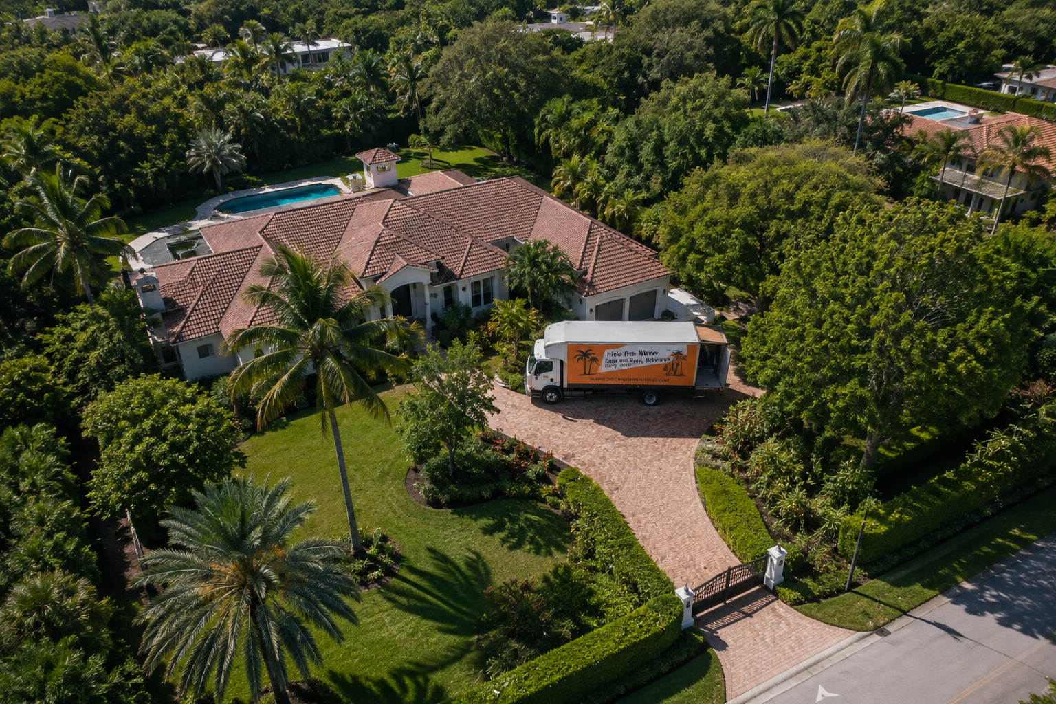 Aerial view of a moving truck at a large Pinecrest home in Miami-Dade, Florida