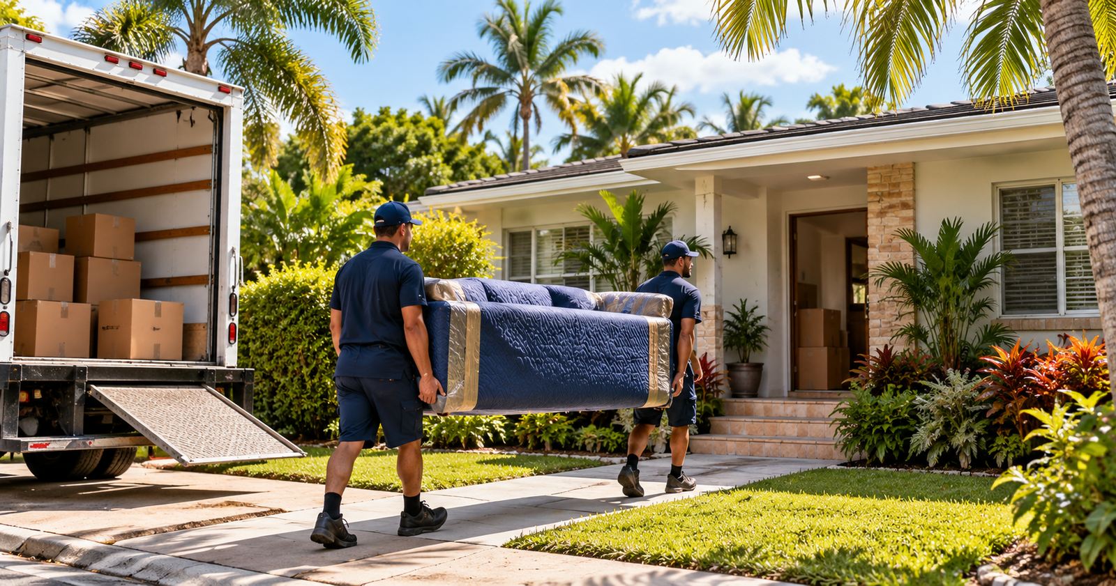 Professional movers carrying protected furniture into a home in Westchester, Florida.