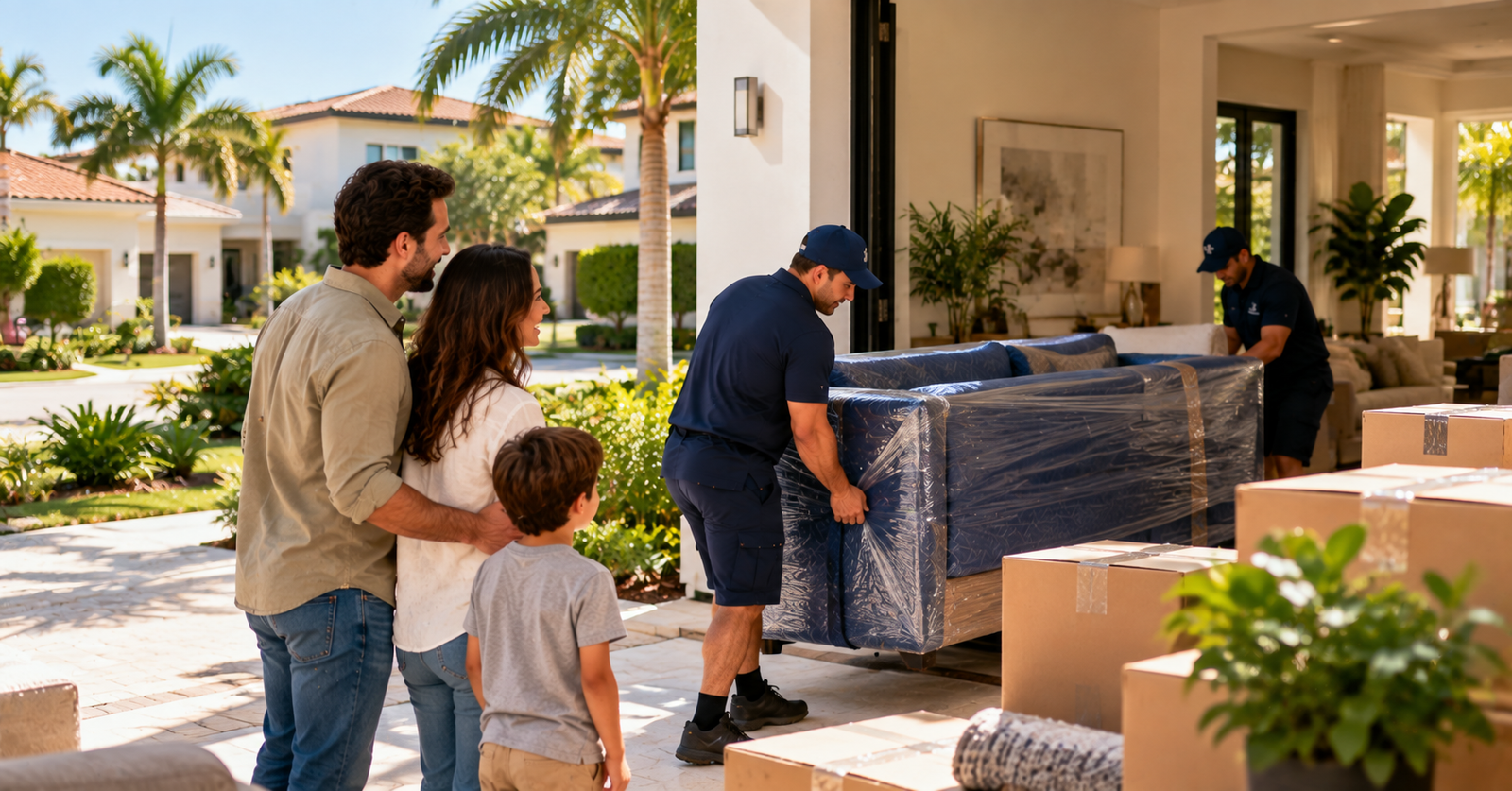 Empresa de mudanzas ayudando a una familia a instalarse en su nuevo hogar en Kendall, Florida.