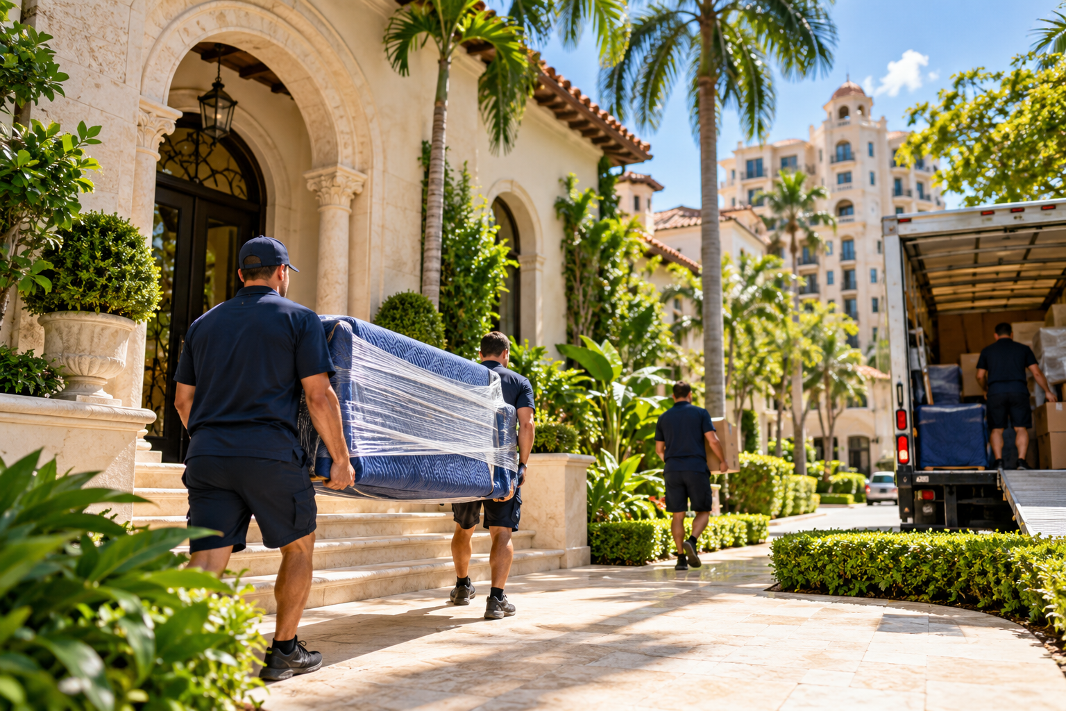 Professional movers handling protected furniture at a Coral Gables, FL home