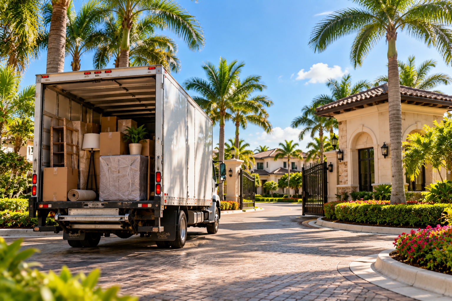 Moving truck entering a gated residential community in Doral, FL
