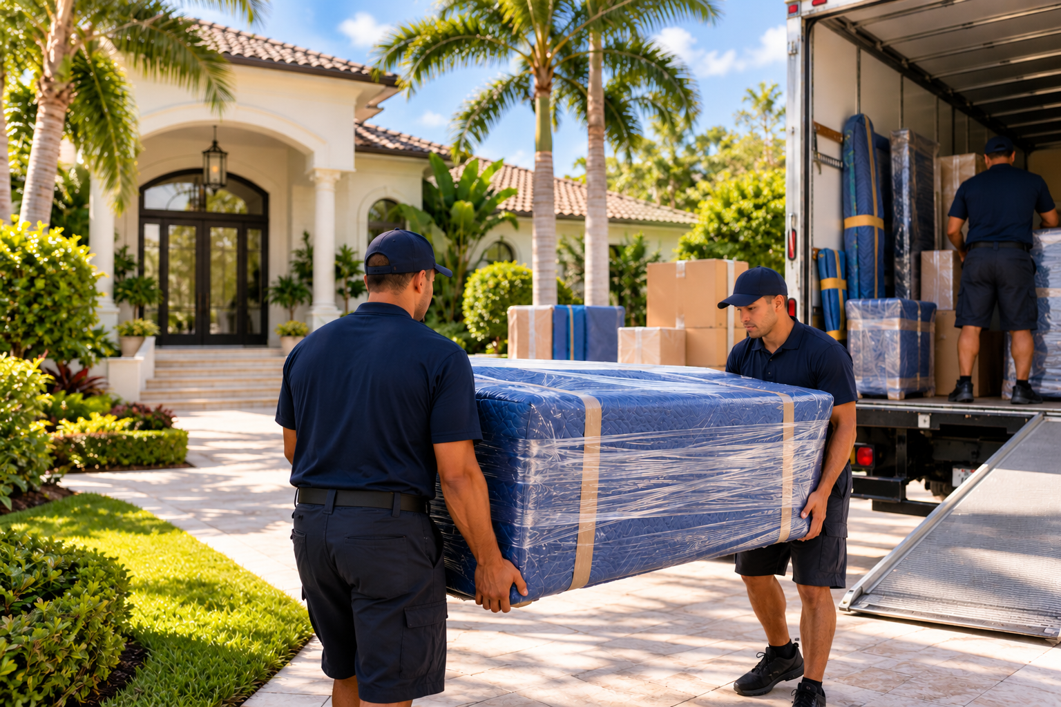 Professional residential movers handling protected furniture at a Pinecrest, FL home