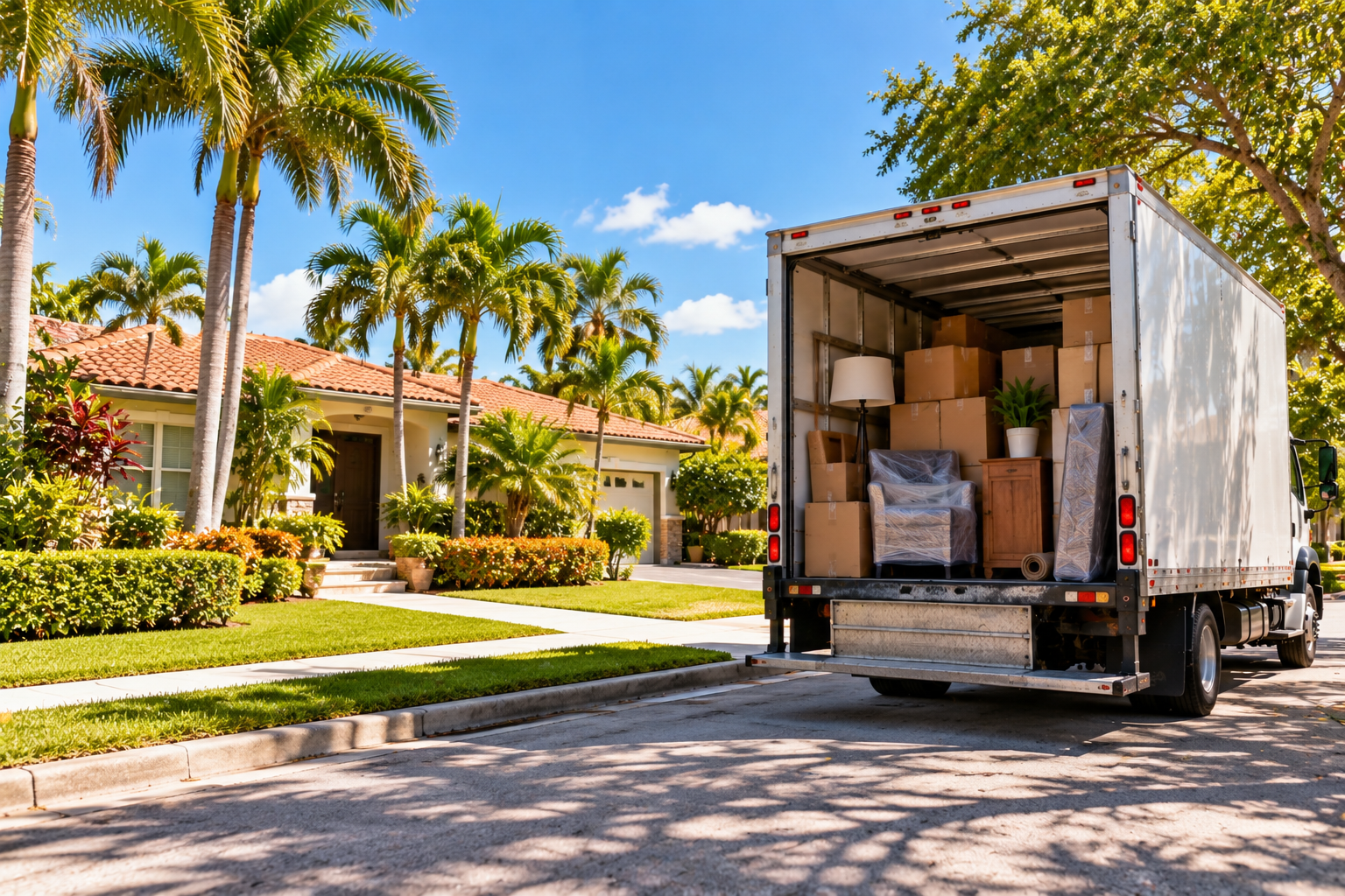Moving truck outside a residential home in Westchester, FL