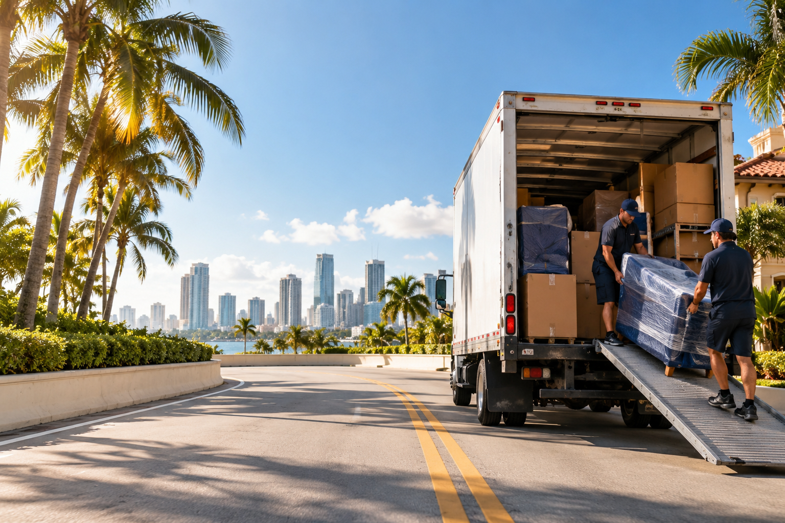 Moving truck on a residential street in Coral Gables, FL