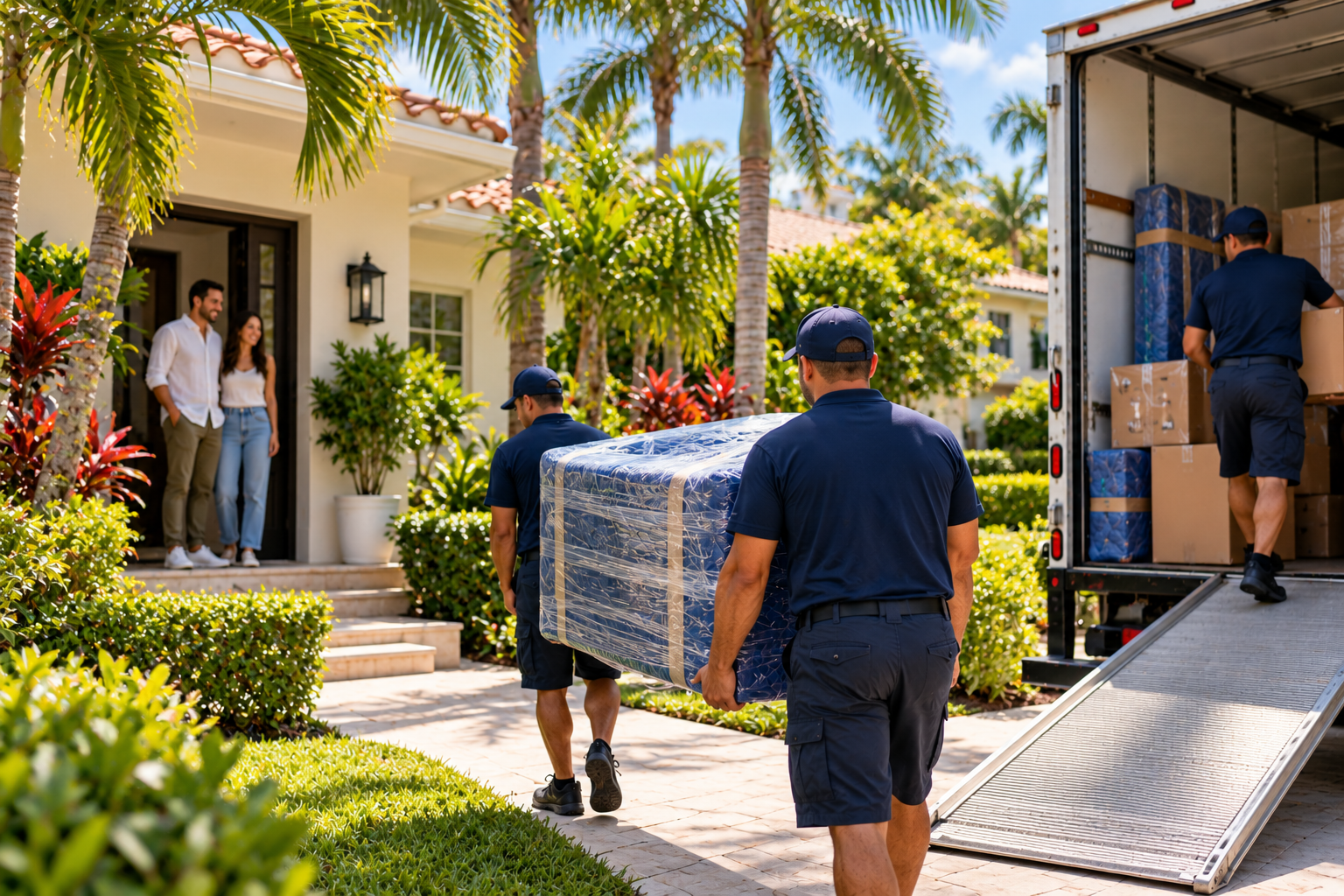 Professional movers helping a family move into a home in South Miami, FL